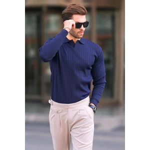 Lacivert Polo Yaka Çizgili Uzun Kollu Kazak 7239