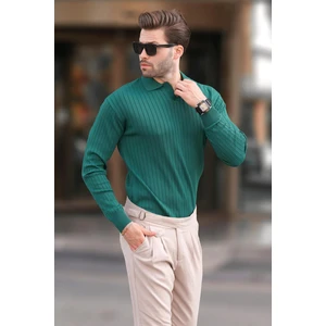 Yeşil Polo Yaka Çizgili Uzun Kollu Kazak 7239