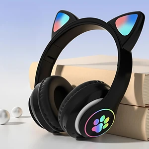 Bluetooth Kablosuz Renkli LED Işıklı Kedili Katlanabilir Sd Kartlı Çocuk Kafa ve Kulak Üstü Kulaklık