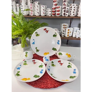 6 Parça Dinazor Desen Porselen Çocuk Yemek Takımı Beslenme Seti