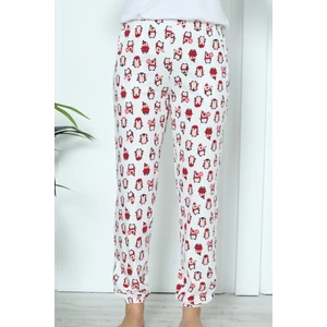 Kadın Pijama Altı Cepli Bilek Lastikli Likralı Penguen Baskılı Ekru