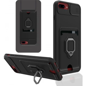 Denza Case Apple iPhone 7 Plus Kılıf Kartvizitli Askılı Standlı Kapak - Siyah