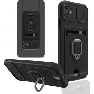 Denza Case Apple iPhone 11 Kılıf Kartvizitli Askılı Standlı Kapak - Siyah