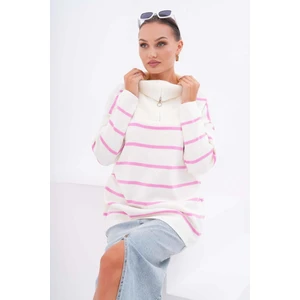 Kadın Çizgi Desenli Yakası Fermuar Detaylı Triko Örme Salaş Kazak 245175 -