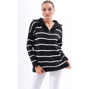 Kadın Çizgi Desenli Yakası Fermuar Detaylı Triko Örme Salaş Kazak 245175 -
