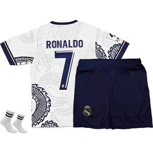Ronaldo Dragon Beyaz Ejderha Motifli Real Madrid 3'lü Çoçuk Futbol Forma Seti(Forma,şort ve Çorap)