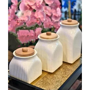Karçiçeği Home 3 Boy Porselen Bambu Kapaklı Çay Kahve Şeker Kavanoz Seti Çeyizlik Takım Etiket Hediyeli