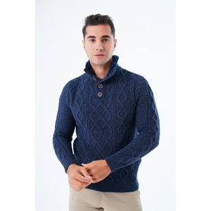Trist Star Lacivert Erkek Kürklü Dik Yaka Kısa Patlı  Düğmeli Yürütme Saç Örgülü Triko Örme Kazak TRIST-5345