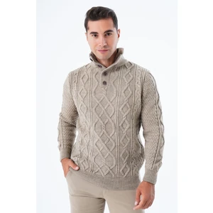 Trist Star Vizon Erkek Kürklü Dik Yaka Kısa Patlı  Düğmeli Yürütme Saç Örgülü Triko Örme Kazak TRIST-5345