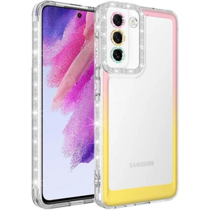 Gökmen Aksesuar Galaxy S21 Fe Kılıf Simli ve Renk Geçiş Tasarımlı Lens Korumalı Zore Park Kapak-Pembe-Sarı