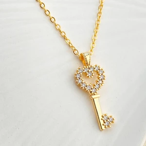 Anahtar Kolye Zirkon Taşlı Kalp Anahtar Kolye Silver 40+5cm