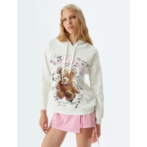 Kapüşonlu Sweatshirt Ayı Baskılı Sloganlı Rahat Kalıp