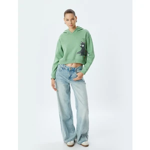 Crop Oversize Sweatshirt Kapüşonlu Kedi Baskılı Şardonlu