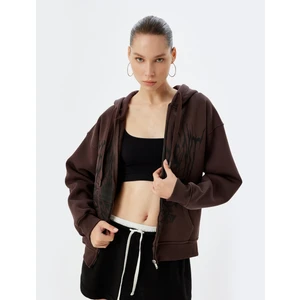 Kapüşonlu Sweatshirt Fermuarlı Kanguru Cepli Baskılı Şardonlu