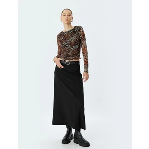 Tül Bluz Leopar Desenli Uzun Kollu Drapeli Slim Fit