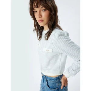 Tüvit Çizgili Sweatshirt Bisiklet Yaka Düğme Detaylı