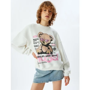 Oversize Sweatshirt Ayı Temalı Arkası Baskılı Bisiklet Yaka Şardonlu