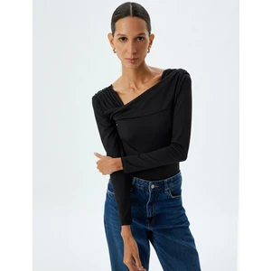 Asimetrik Yaka Bluz Uzun Kollu Slim Fit