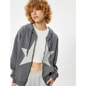 Oversize Fermuarlı Sweatshirt Yıldız Işlemeli Kanguru Cepli