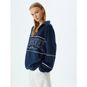 Oversize Sweatshirt Yarım Fermuarlı Kolej Baskılı Dik Yaka