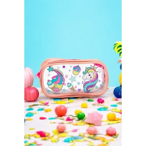 01112 Pembe Renk Unicorn Desenli Şeffaf Su Geçirmez Tek Bölmeli Kalem Kutusu