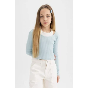 Kız Çocuk Slim Fit Dar Kesim Bisiklet Yaka Fitilli Kaşkorse Uzun Kollu Tişört B7388A824SP