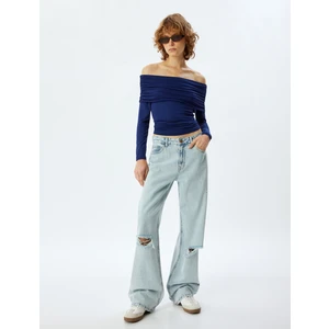 Uzun Kollu Tişört Madonna Yaka Drapeli Slim Fit
