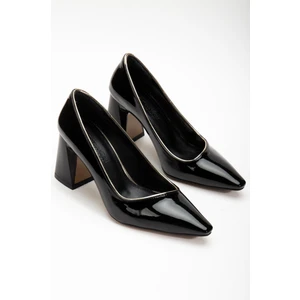 Rugan Yan Yüzlü Gold Biyeli Siyah Kadın Kalın Topuklu Stiletto