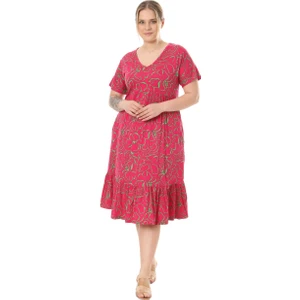 Butik Göğüsten Robalı V Yaka Kısa Kollu Pembe Çiçek Desenli Cepli Elbise