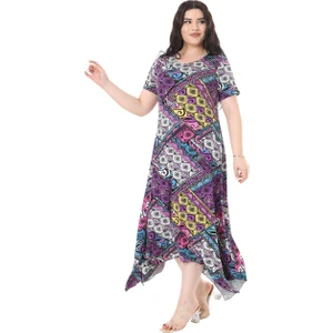 Butik Mor Patchwork Desen Asimetrik Kısa Kollu Elbise