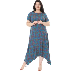 Butik Mavi Kırmızı Mercan Desen Asimetrik Kısa Kollu Elbise