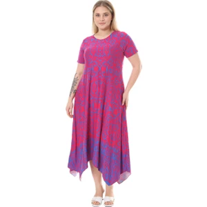 Butik Pembe Mavi Kilim Desen Asimetrik Kısa Kollu Elbise