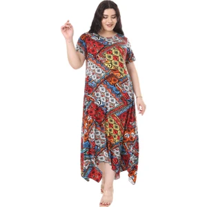Butik Mavi Patchwork Desen Asimetrik Kısa Kollu Elbise