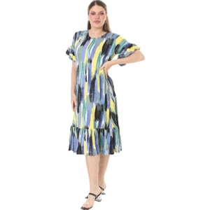 Butik Fırfırlı Cepli Mavi Yağlıboya Desenli Kısa Kollu Midi Elbise