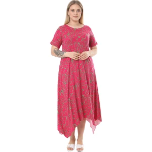 Butik Pembe Çiçek Desen Asimetrik Kısa Kollu Elbise