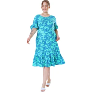 Butik Kısa Kollu Fırfırlı Cepli Turkuaz Mercan Desenli Midi Elbise