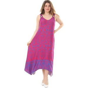 Butik Pembe Mavi Kilim Desen Askılı V Yaka Elbise