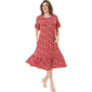 Butik Fırfırlı Cepli Kırmızı Çıtır Desenli Kısa Kollu Midi Elbise