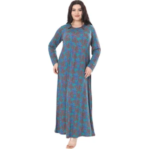 Butik Mavi Kırmızı Mercan Desen Uzun Kollu Kadın Elbise