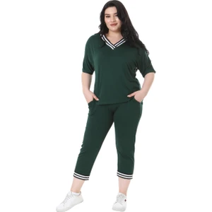 Butik Zümrüt Yeşil V Yaka Şerit Detaylı Kısa Kollu Beli Lastikli Kapri Takım