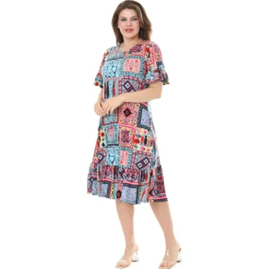 Butik Kısa Kollu Fırfırlı Cepli Mavi Çini Desenli Midi Elbise