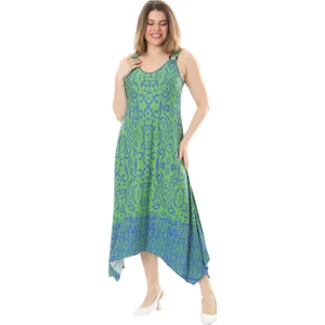 Butik Yeşil Mavi Kilim Desen Askılı V Yaka Elbise