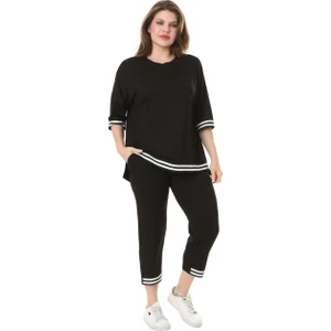 Butik Siyah Bisiklet Yaka Şerit Detaylı Kısa Kollu Beli Lastikli Kapri Takım