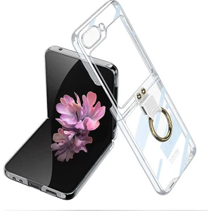 M.tk moveteck Samsung Galaxy Z Flip 6 Kılıf Ring Standlı Gold Yüzüklü Arka Şeffaf Kenar Metal Renkli Askılı Kapak