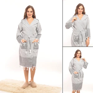 Rozet Tekstil Hürrem Antrasit S/M Püsküllü Kapüşonlu Banyo Sauna Havuz Plaj Kadın Erkek Unisex Cepli Pamuklu Peştamal Bornoz