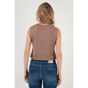 Fitted V Yak Düğmeli Crop Scuba Süet Yelek Bayan Yelek 5865576