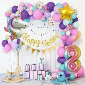 Bkmc Party Kız Çocukları Için Unicorn Lüks Makoron Renkler Balon Zincir Doğum Günü Parti Seti Süsü