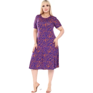 Butik Mor Çiçek Desen Kısa Kollu Büyük Beden Midi Elbise
