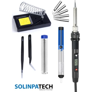 80W LCD Ekranlı Isı Ayarlı Kalem Havya Sıcaklık Ayarlanabilir Lehim Makinası ve Ucu Lehim Stand Pompa Cımbız Seti