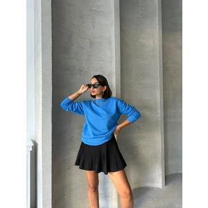 SWT-14258 Saks Mavisi Basic Iki Iplik Şardonlu Mevsimlik Kumaş Bisiklet Yaka Sweatshirt